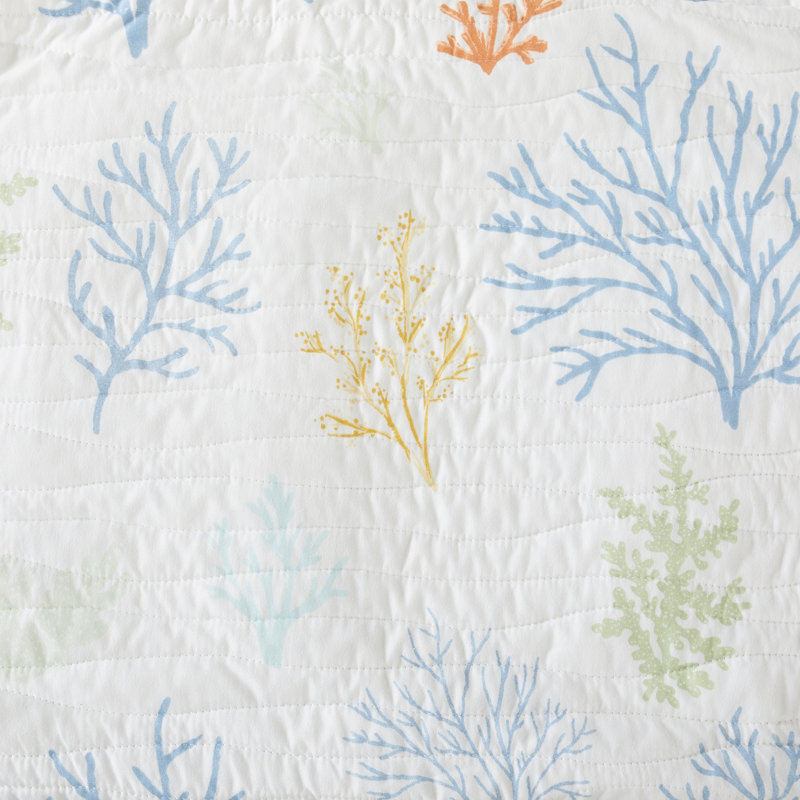 Full Blue Microfiber Reversible Coral Pattern Quilt Set