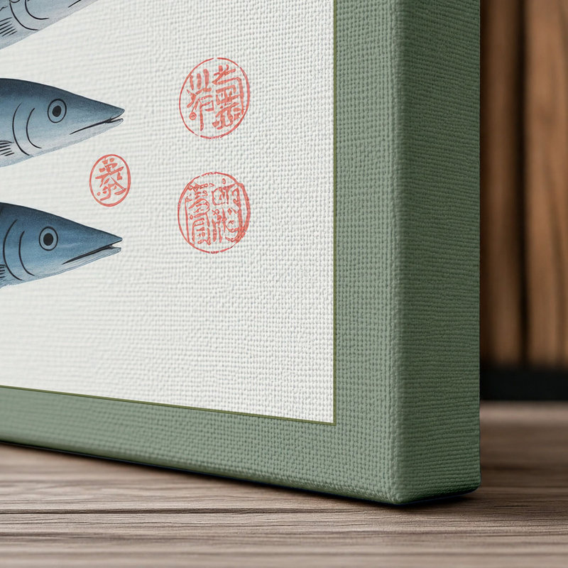 Six Fish in Repose Japandi - Wrapped Canvas, 24x16 - 61.0 x 40.6 cm, Sage Border