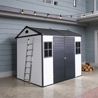 8 x 6 ft Resin Outdoor Storage Shed Waterproof Shed with Floor & Two Windows & Lockable Door, Tool Shed for Garden, Patio, Backyard
