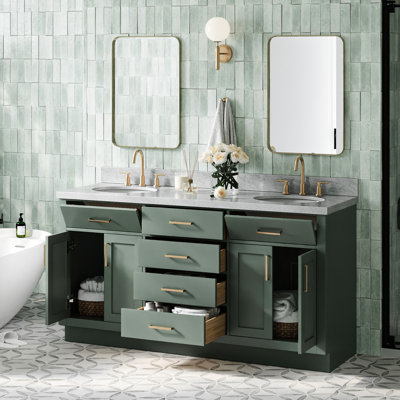 Meuble-lavabo double en bois massif 66 po avec plateau en marbre de Carrare Occhipinti