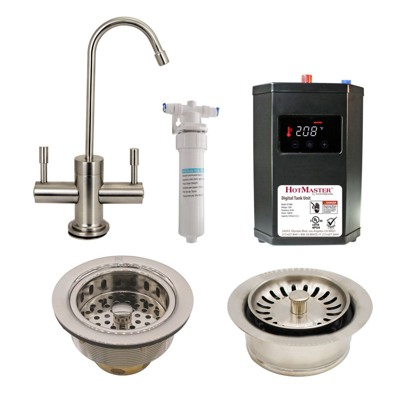 Contemporary 10" 2-Lever Hot & Cold Water Dispenser with Heat Tank, Filter, Drain & Disposal Trim, Satin Nickel