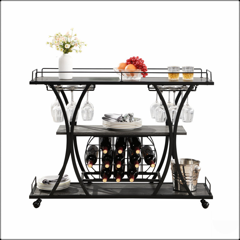 Durable Industrial Bar Cart With Wheels, Three-Level Storage, And Wine Glass Racks For Home Use