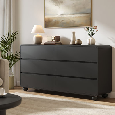 6 Drawer Dresser For Bedroom, 53" Wide Wood Dresser & Chests Of Drawer With Hidden Handles& Curved Profile Design, Wooden Dresser TV Stand For Bedroom by 17 Stories