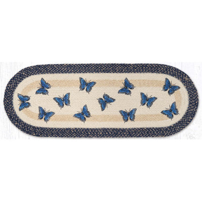 Earth Rugs Blue Swallowtail Oval Table Runner 36" H Braided Jute Hand-Stenciled Runner For Indoor Decor