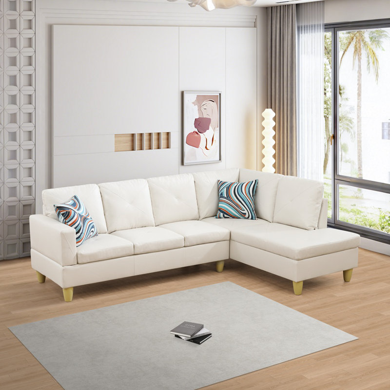 Ronan Faux Leather L-Shaped Sectional Sofa And Chaise, Ivory, Right Hand Facing