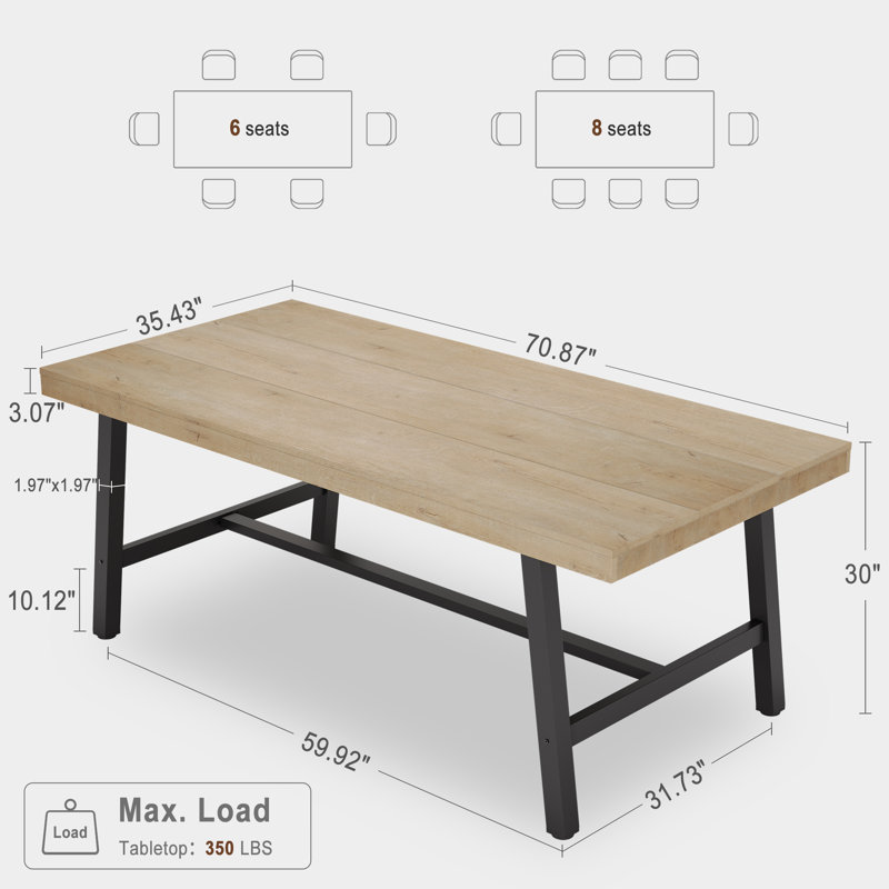 70.87 in Large Dining Table for 6-8 People, Natural Wood