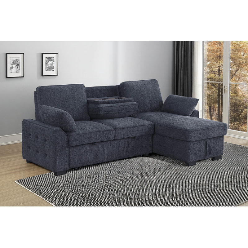 Le canapé-lit réversible en chenille gris anthracite de 91 pouces comprend un fauteuil inclinable, une table rabattable, des porte-gobelets et un port de chargement.