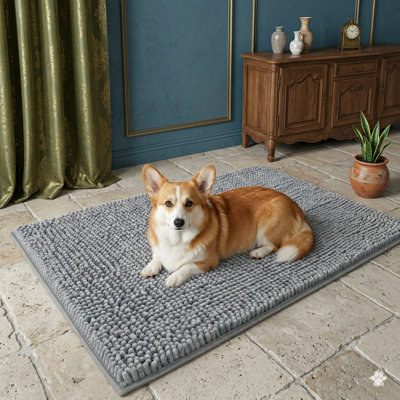 Entry Mat for Dogs to Clean Muddy Paws, Sized 30 by 20 Inches, Effectively Absorbs Moisture and Debris, Absorbent Non-Slip Washable Doormat, Quick-Drying Chenille Mat for Canines, Suitable for Interior Entryways and Floor Protection, Gray