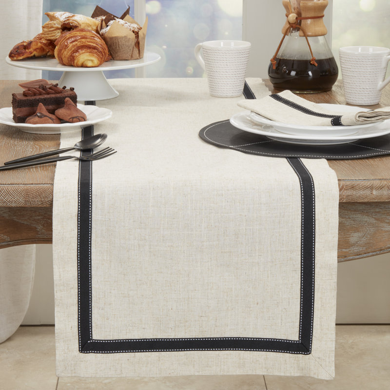 Beige and Black Grosgrain Accent Polyester Table Runner
