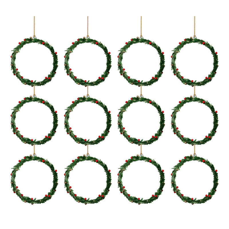 Ornements suspendus festifs en forme de couronne de Noël avec baies, ensemble de 12, H 6 po x l 6 po x P 0,75 po, Vert