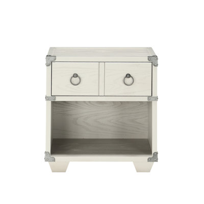 Table de chevet grise de style industriel avec pieds en bois et quincaillerie en métal