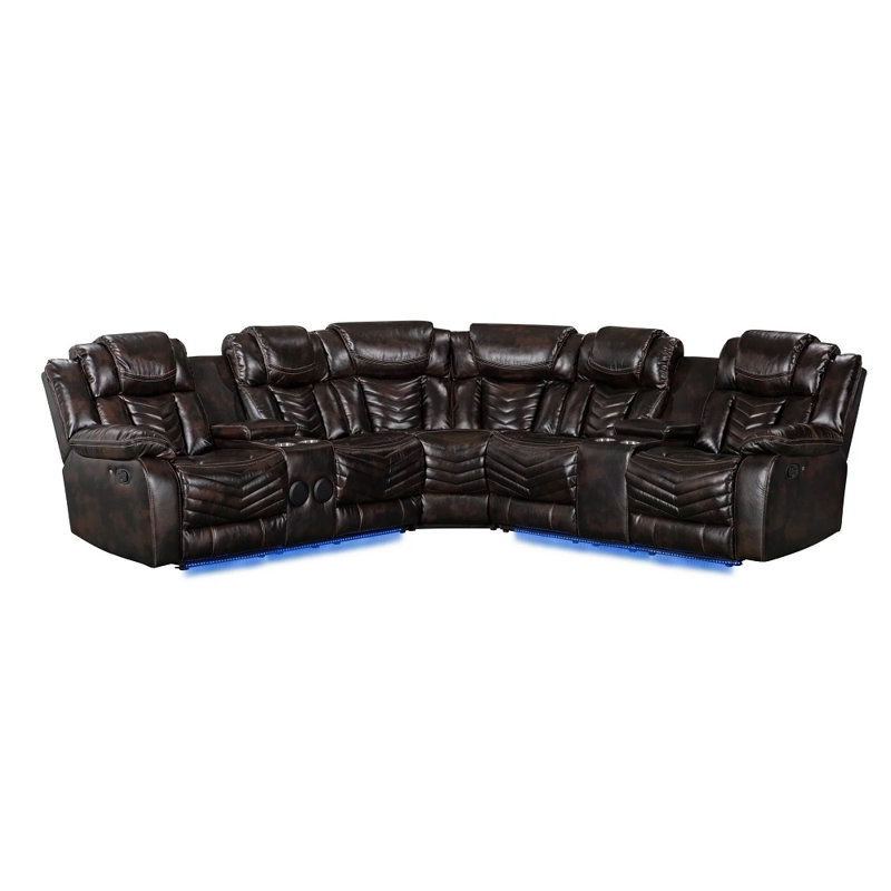 Vichy Brown Air Leather Reclining Sectional With Led And Bluetooth, Brown Faux Leather