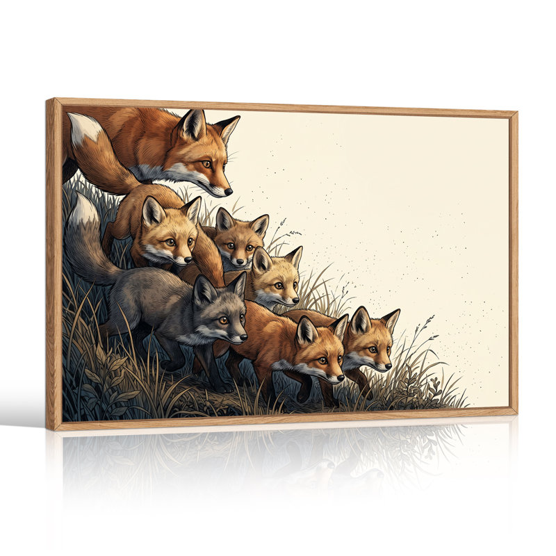 Illustration de toile rouge, renards roux et renard gris dans de hautes herbes, 36"H x 48"W