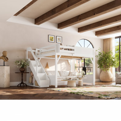 Grand lit mezzanine avec garde-robe et rangement intégrés, bois massif, escaliers, garde-corps, tablettes, sans sommier, blanc