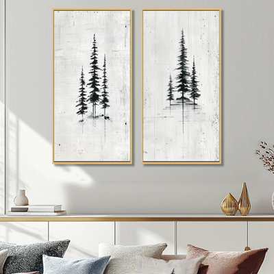 «Black Grey Winter White Pine Trees Forest», impression sur toile 2 pièces