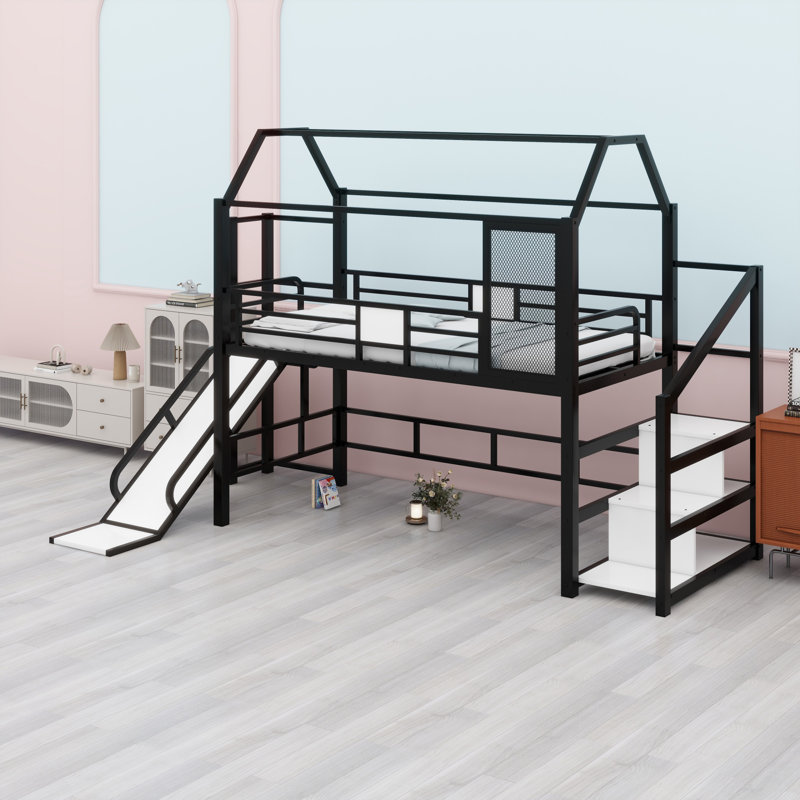 Metal House Loft Bed With Slide,Stairs And Storage Shelves, Black