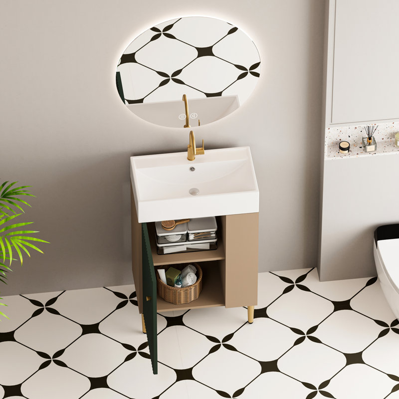 Meuble-lavabo de 21,6 po, bois de haute qualité, porte à motif de vagues et rangement à droite contemporain avec finition, armoire à fermeture en douceur, rangement latéral, lavabo Scratch