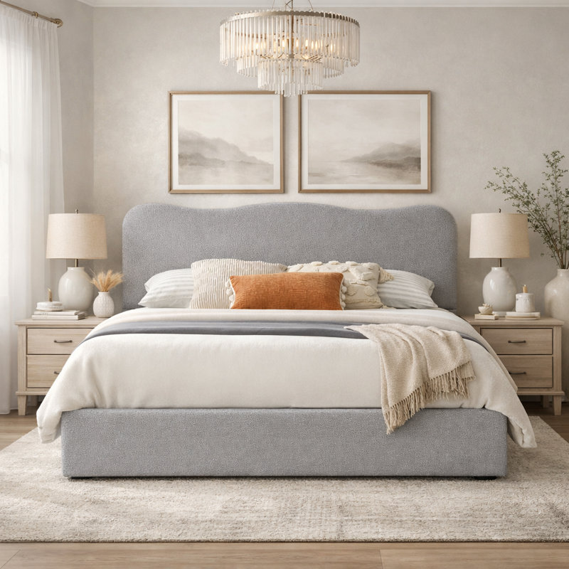 Lit plateforme tapissier Bensu Boucle, Grand, Gris clair