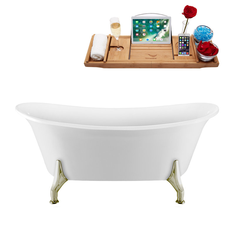 59" Streamline Clawfoot Soaking Acrylic Bathtub With Drain, Clawfeet, and Bamboo Tray, Brushed Nickel, Brushed Gun Metal