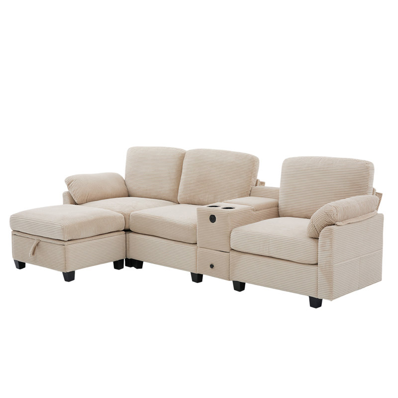 Sectional Sofa With Ottoman, Khaki Corduroy