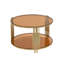 Table basse moderne en verre brun, métal asymétrique, base cylindrique en métal, finition dorée et tablette inférieure