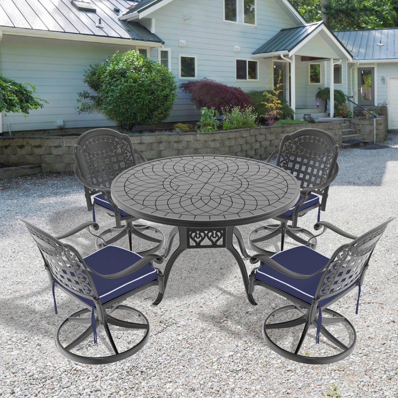 Ensemble de salle à manger 5 pièces en aluminium coulé résistant aux intempéries, comprenant 4 chaises pivotantes et une table ronde de 47,24 po