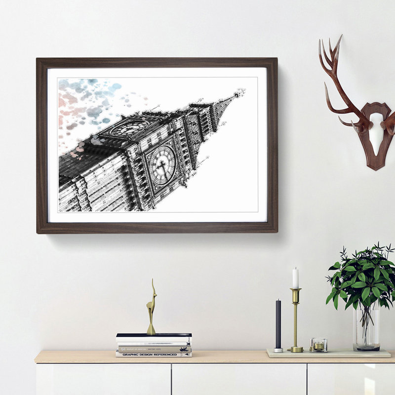 Big Ben in London in Abstract - Picture Frame Painting Print, 27cm H x 36cm W x 2cm D, Walnut Framed