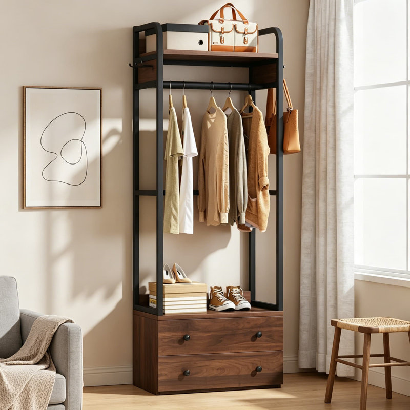Organisateur de garde-robe autoportant avec tiroirs et tablettes, portemanteau robuste avec 3 barres de suspension et 6 crochets, portemanteau industriel pour entrée, chambre à coucher, couloir, brun rustique