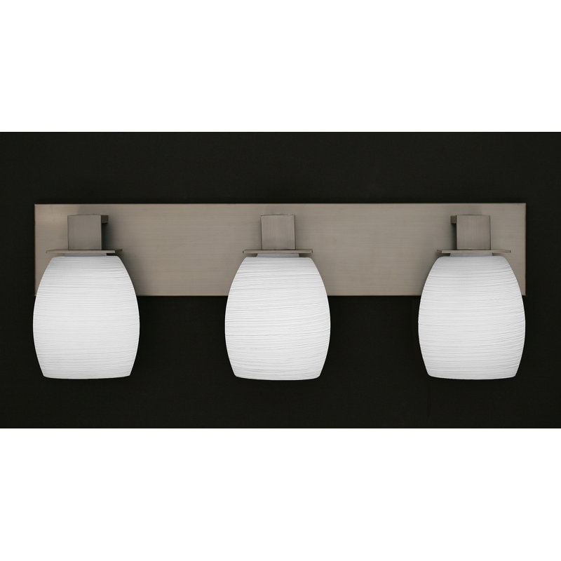 Barre d'éclairage de salle de bain 3 lumières Quattrucci Apollo présentée en finition graphite avec verre de lin blanc de 5 po