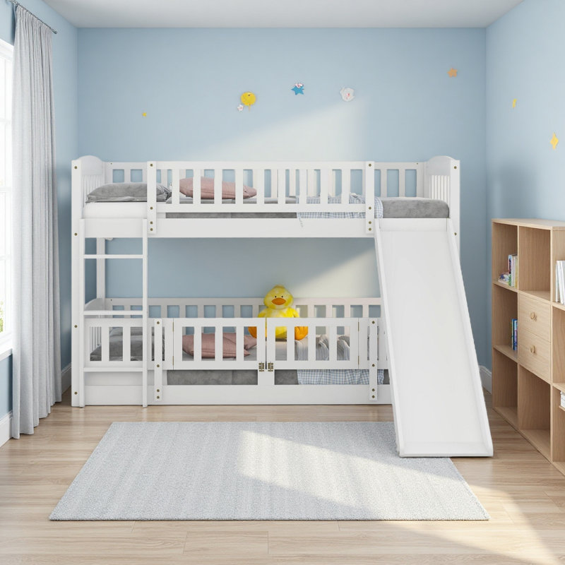 Lit superposé avec glissade, lit simple superposé simple avec clôture et échelle pour enfants adolescents, Blanc