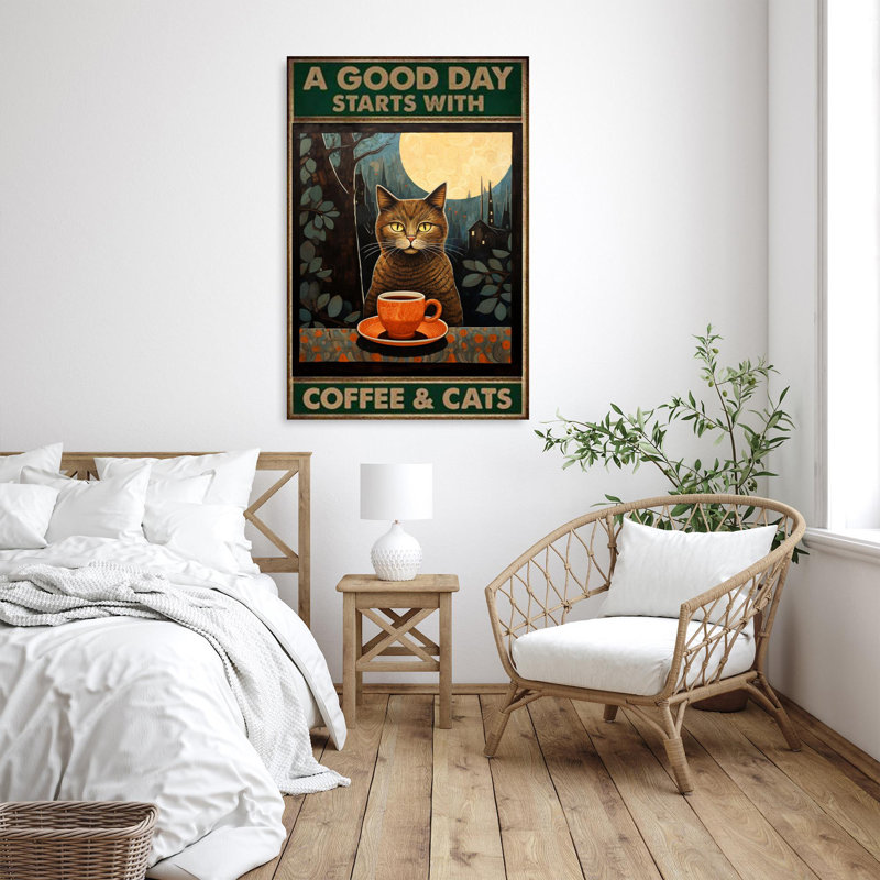 Une bonne journée commence avec du café et des chats, H 14 po x l 11 po x P 1,25 po