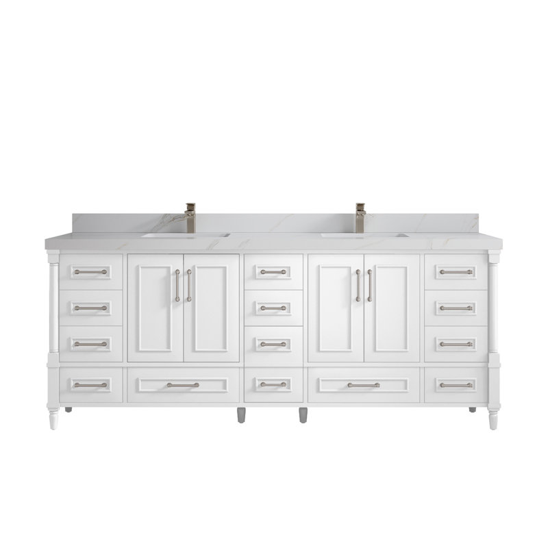 Meuble-lavabo double 84 po avec comptoir en quartz Aberdeen, Sienne Calacatta, Blanc