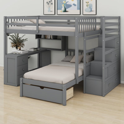 Wood Bunk Bed Frame with Integrated Workstation Desk, Drawers and Shelves