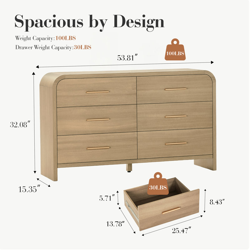 Armoires de rangement modernes à 6 tiroirs avec grande commode d'angle arrondie, Chêne