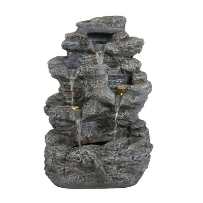 23.85"H 5-Tier Slim Concrete Outdoor Fountain, LED Lit Column Faux Rock Water Fountain All Weather Resistant for Garden Patio Balcony Decor
