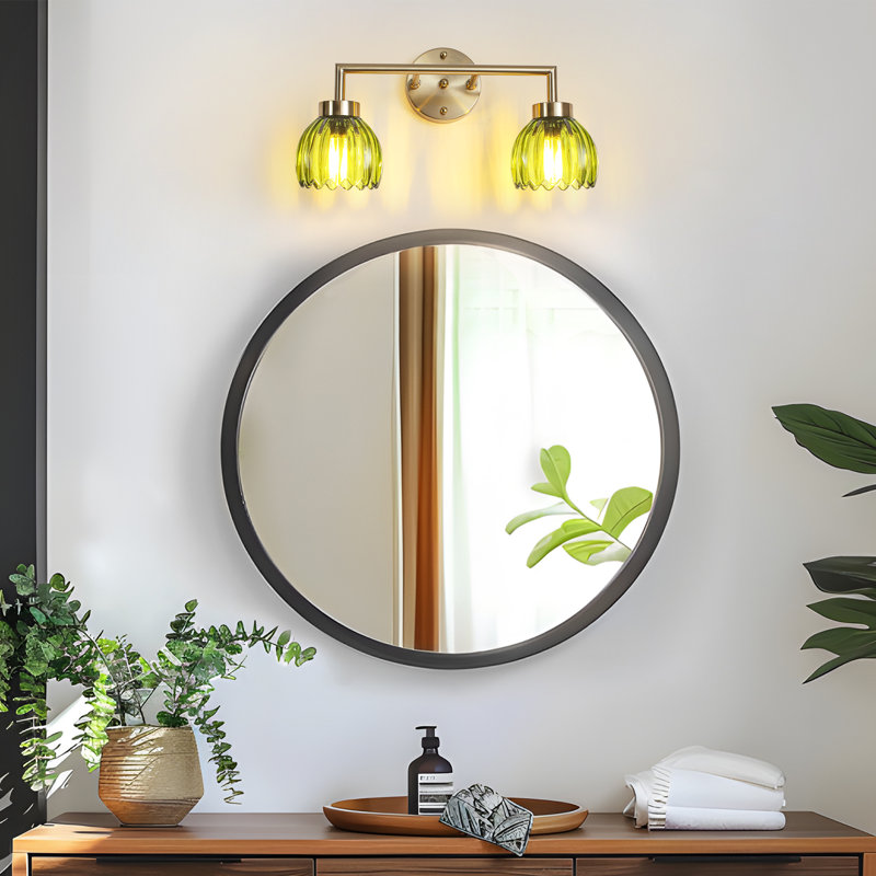 Glausen 3 - Light Black Wall Sconces Bathroom Vanity Lights With Tulip Green Glass Shade, Brass, 2