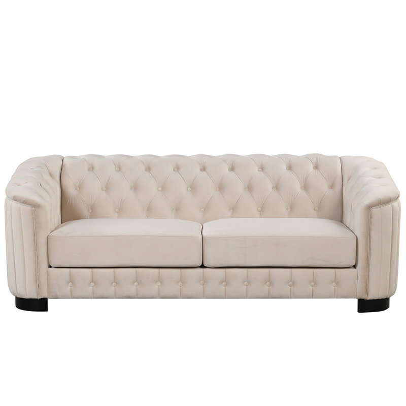 Élégant canapé Mid-Century de 82,4 po avec pieds en bois d'hévéa et canapé rembourré en velours, Beige