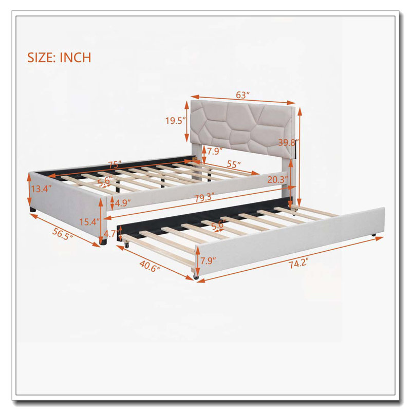 Lit plateforme tapissier en lin avec gigogne, Blanc, Lit double