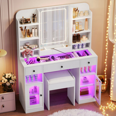 Vanity Desk With LED Mirror And Lights, Glass Top Vanity With RGB Glass Light Cabinets, Dressing Table With 3 Drawers ,Storage Shelves And Stool For Bedroom