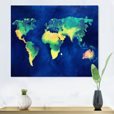 Map Of The World In Green And Blue II - Floater Frame Print on Canvas