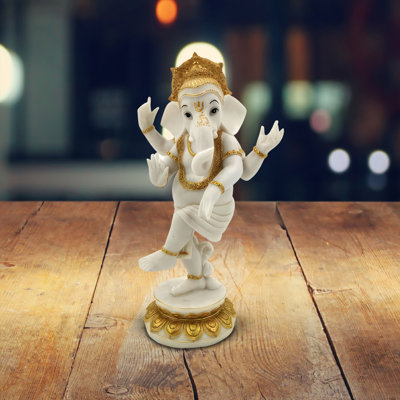 13"H White Ganesha with Golden Crown Figurine