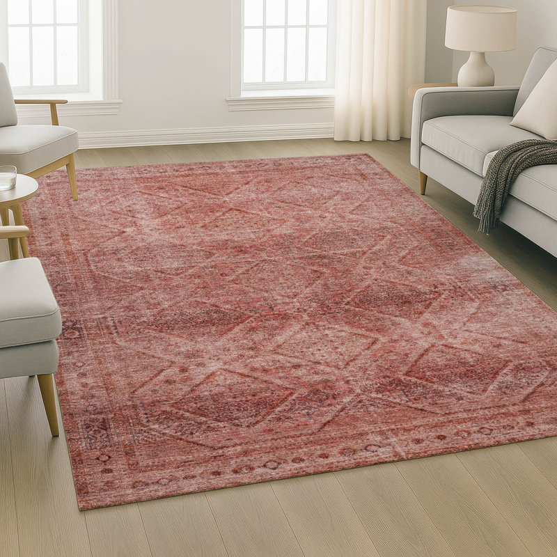 Premium Machine Washable Mayfield AMF2060 Geometric Rug, 3' x 5', Pink