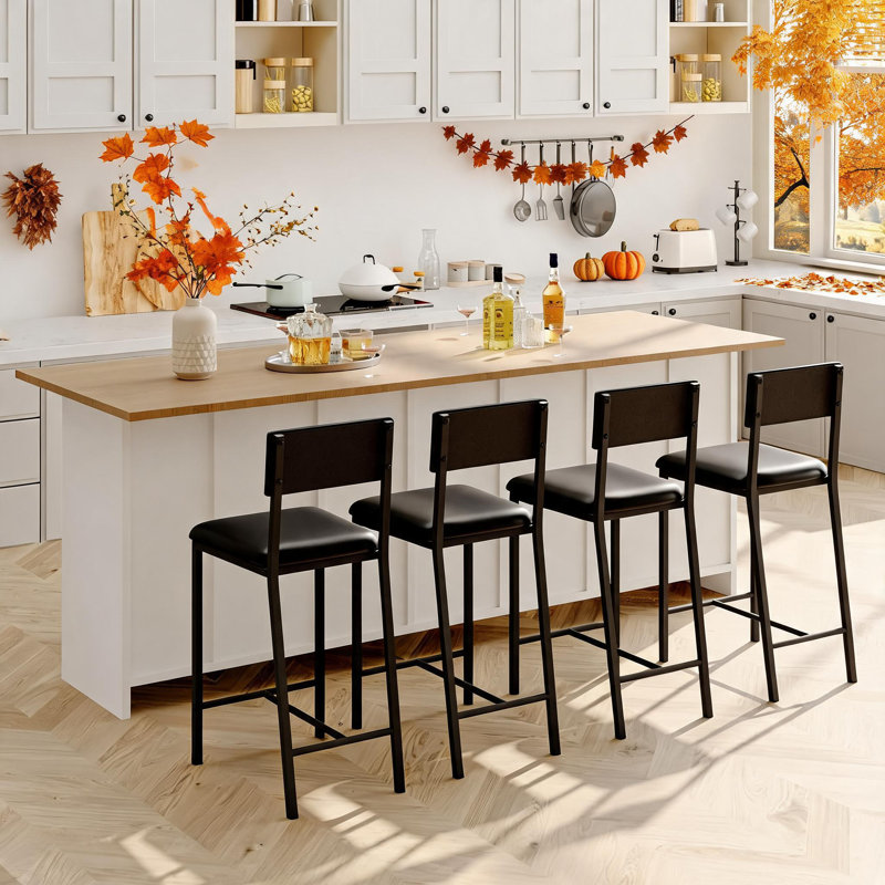 Bar Stools Set of 4, 65cm Counter Height, Dining Chairs Set of 4,Upholstered PU Dining Room Chairs with Curved Backrest, Modern Kitchen Chairs with Metal Legs & h-Frame Support for Home or Bar