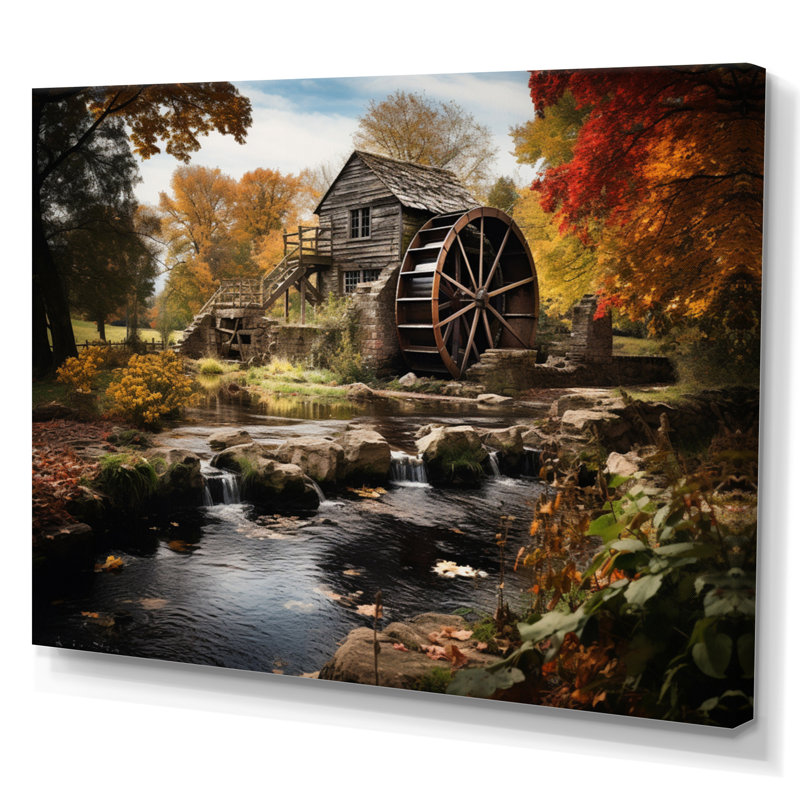 Moulins, moulin automnal encadré sur toile, H 16 po x l 32 po x P 1 po, Toile tendue