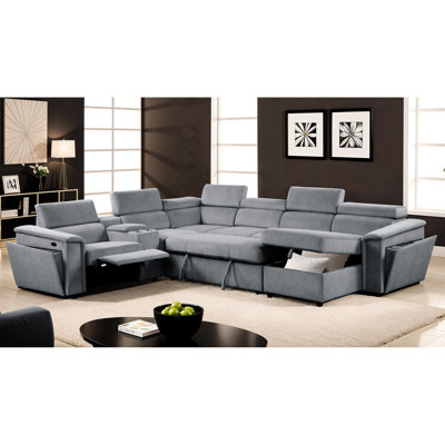 Canapé d'angle convertible en fauteuil inclinable électrique gris moderne, en bois, revêtement haute performance, appuie-têtes réglables pour un soutien et un confort personnalisés de la nuque, méridienne de rangement pour couvertures et coussins, accoudoirs dissimulés