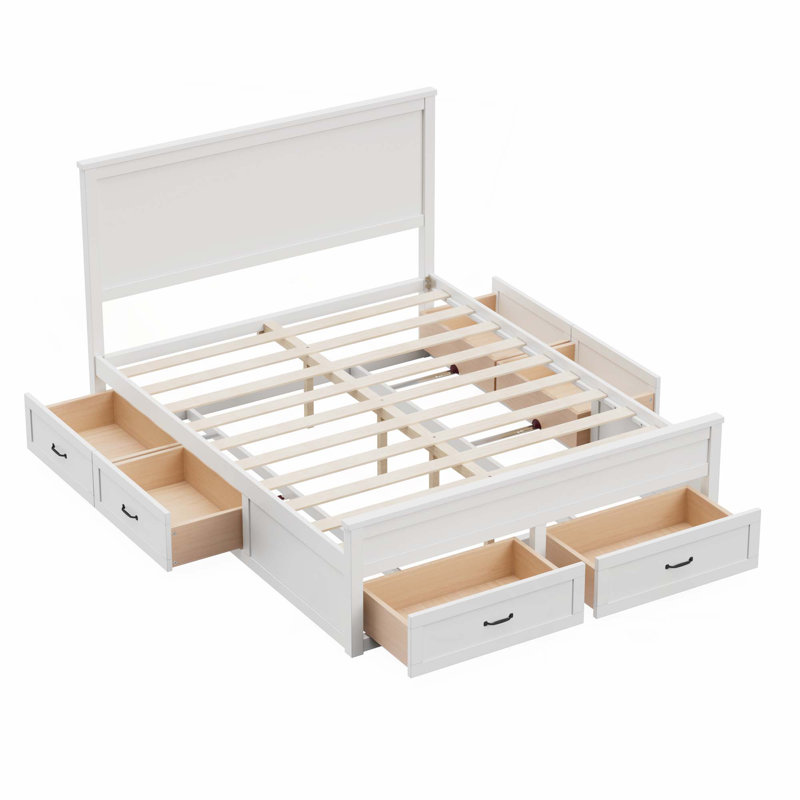Structure de lit avec rangement moderne en bois avec 6 tiroirs, lit plateforme avec support en lattes de bois, aucun sommier requis