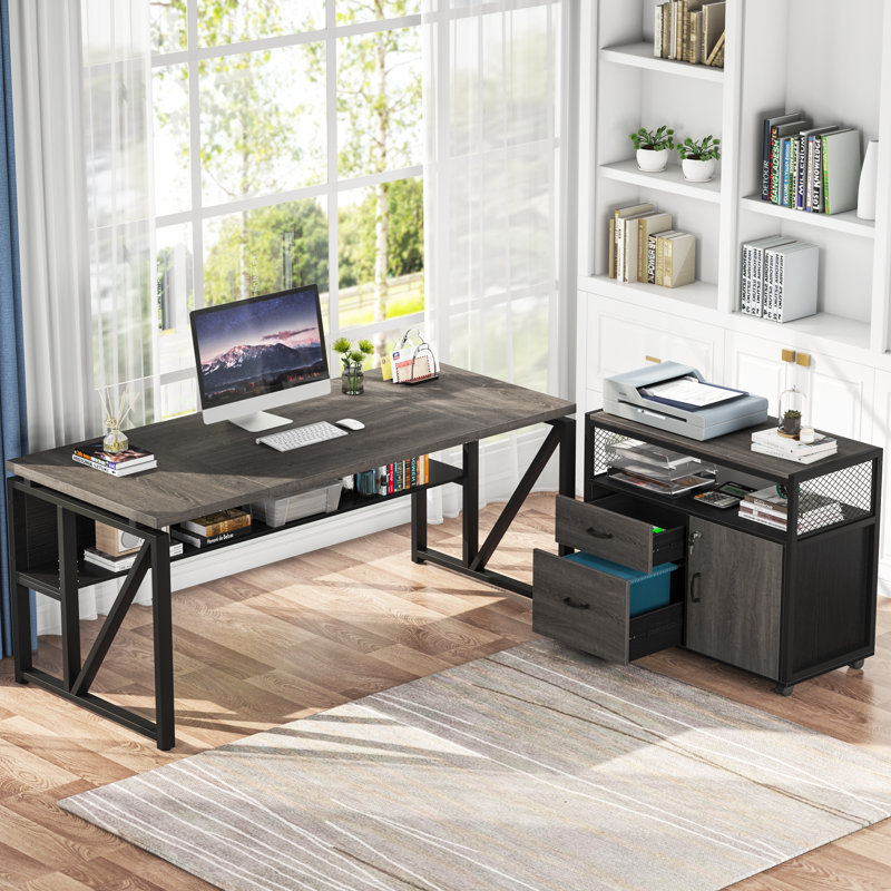 Lympsham 2 - Piece Home Office Executive Desk and Lateral File Cabinet, Gray/Black, 29" H x 63" W x 55" D