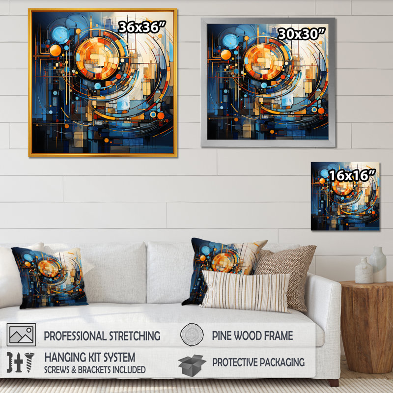 Minimalisme, formes jaunes et bleues élégance I - décoration murale abstraite, Toile tendue, H 36 po x l 36 po x P 1,5 po
