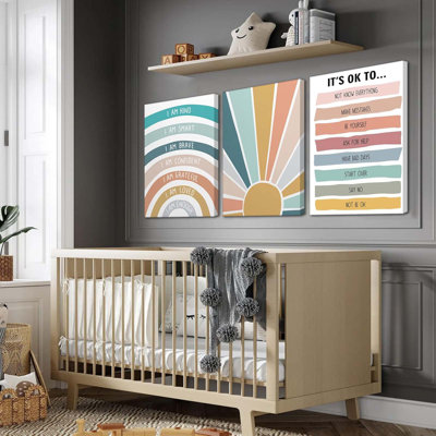 3 Pcs Nursery Boho Affirmations Canvas Wall Art Kids Lnspirational I Am Kind Smart Brave Rainbow Painting Picture Wall Decor Mental Health Posters Prints For Toddler Kids Room Classroom