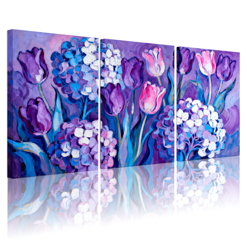 Plantes et fleurs, tulipes et hortensias, ensemble de 3 impressions sur toile, H 30 po x l 60 po